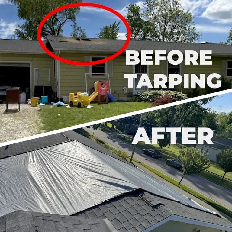 Storm damage before and after: a hole in a shingle roof, then the roof covered with a tarp