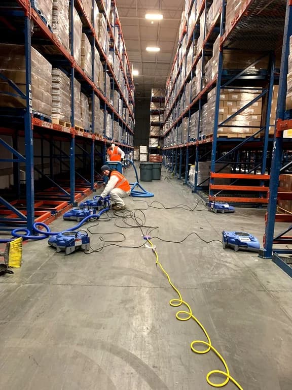 Technicians arranging blue air movers and hoses along a warehouse aisle