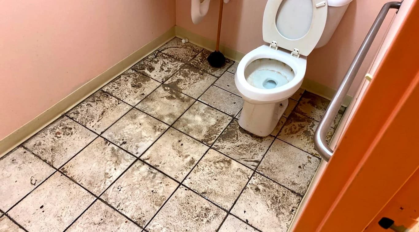 A tiled bathroom floor covered in sewage residue after a backup, with the toilet and a plunger beside it
