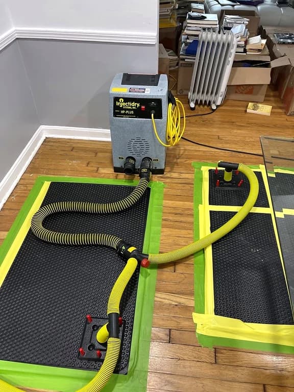 Floor-drying mats and a dehumidifier set up over a hardwood floor