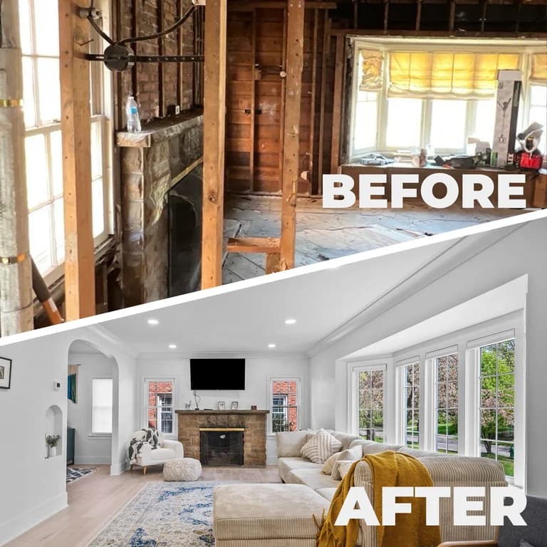 A fire-damaged room before restoration and the same room finished