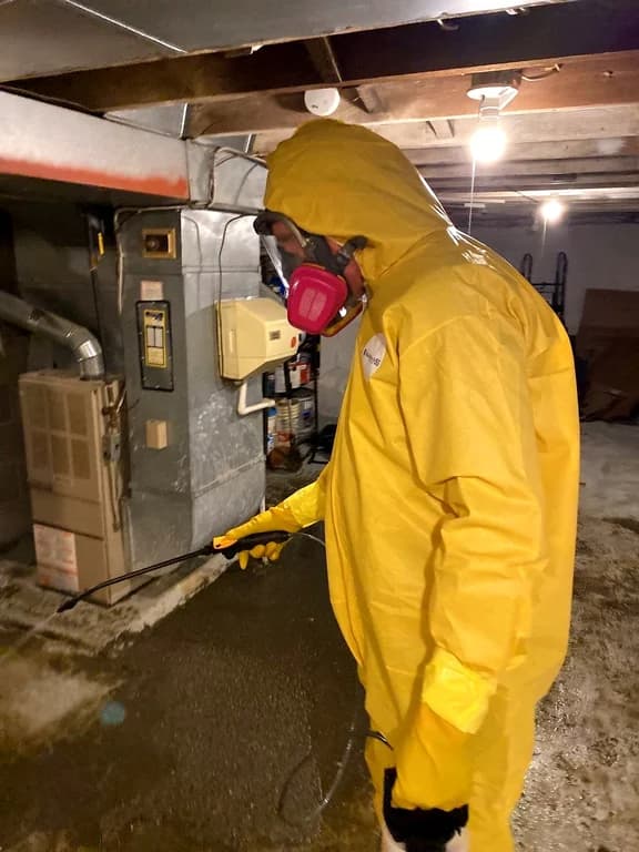 A technician in a yellow protective suit and respirator spraying a basement floor near the furnace