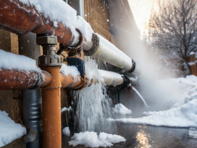 Frozen, burst pipes outside of a suburban home in winter